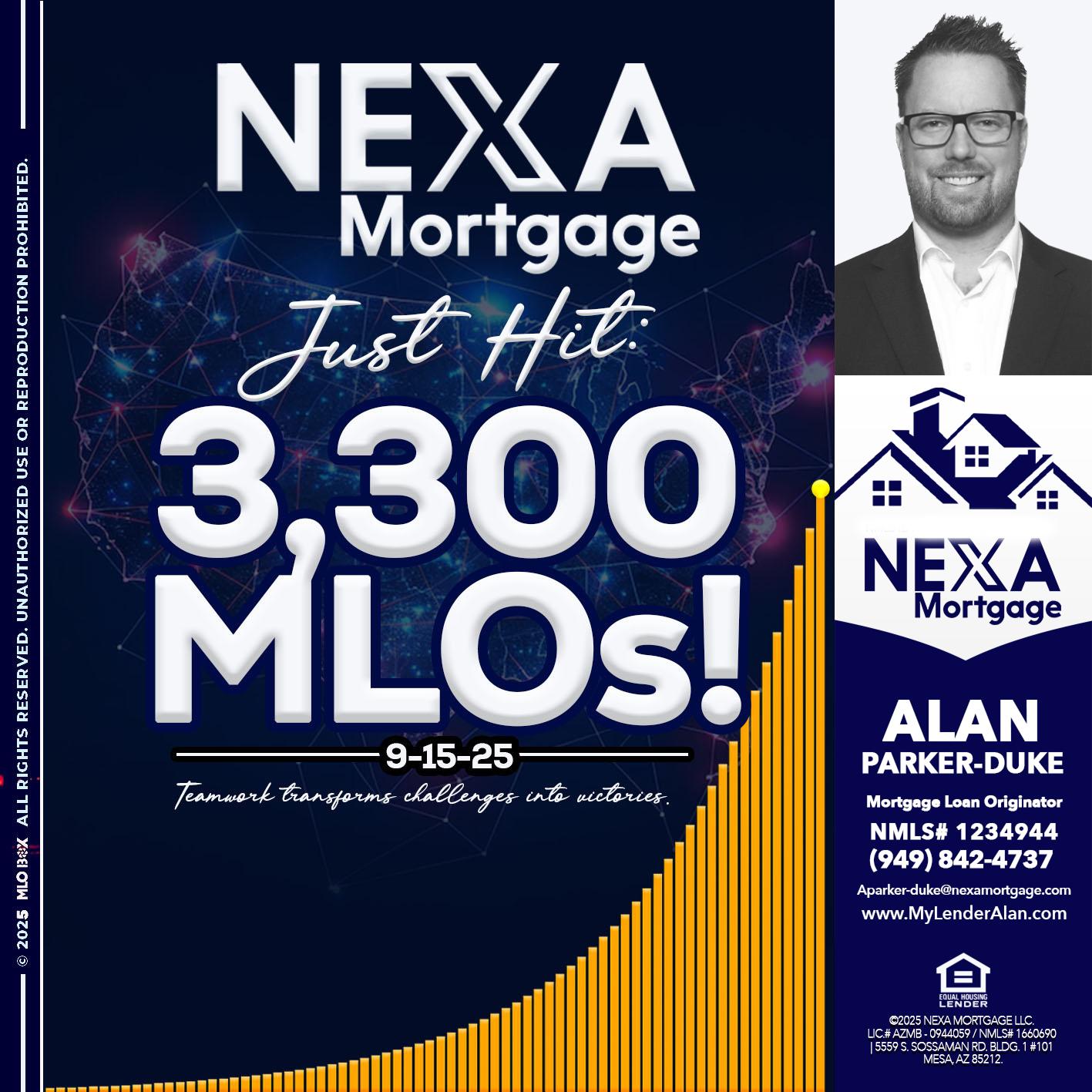 NEXA JUST HIT 3300 MLOS - Alan Parker-Duke -Mortgage Broker