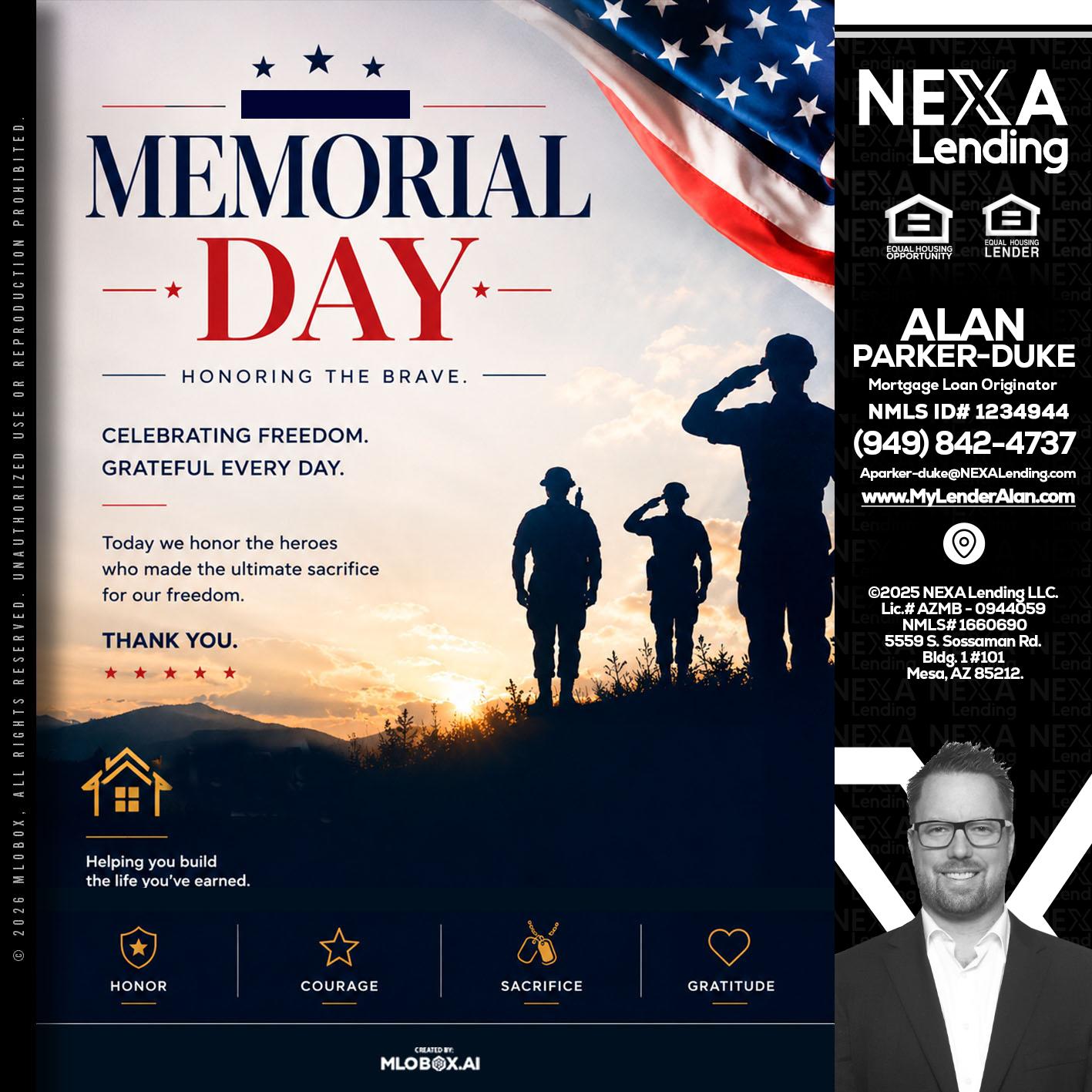 MEMORIAL DAY - Alan Parker-Duke -Mortgage Broker
